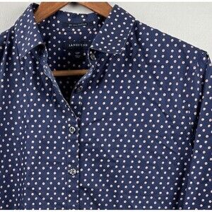 Lands’ End Button Collar Shirt Womens 12P Petite Blue Dot No Iron Supima Cotton